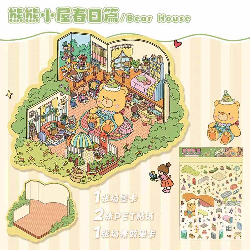 Springtime Bear Cottage DIY 3D Scene Stickers -  Lovely Miniature Scenes