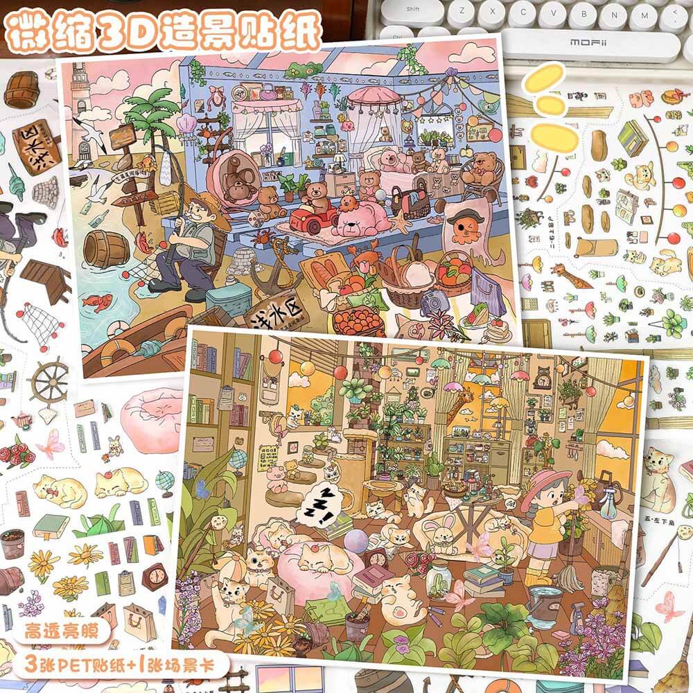 Seaside Cat Home DIY 3D Scene Stickers 2 Cute Scenes(L)