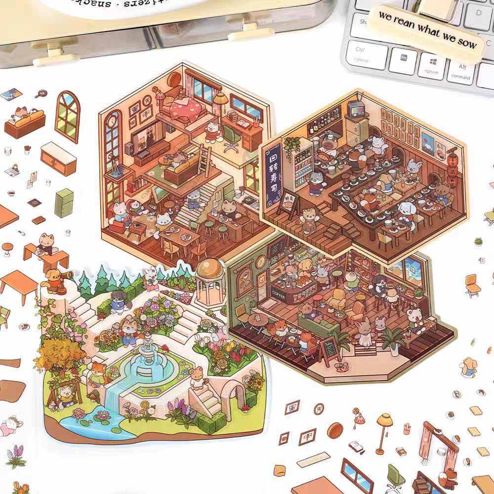 Street Corner Park DIY 3D Scene Stickers - 4 Cute Miniature Scenes