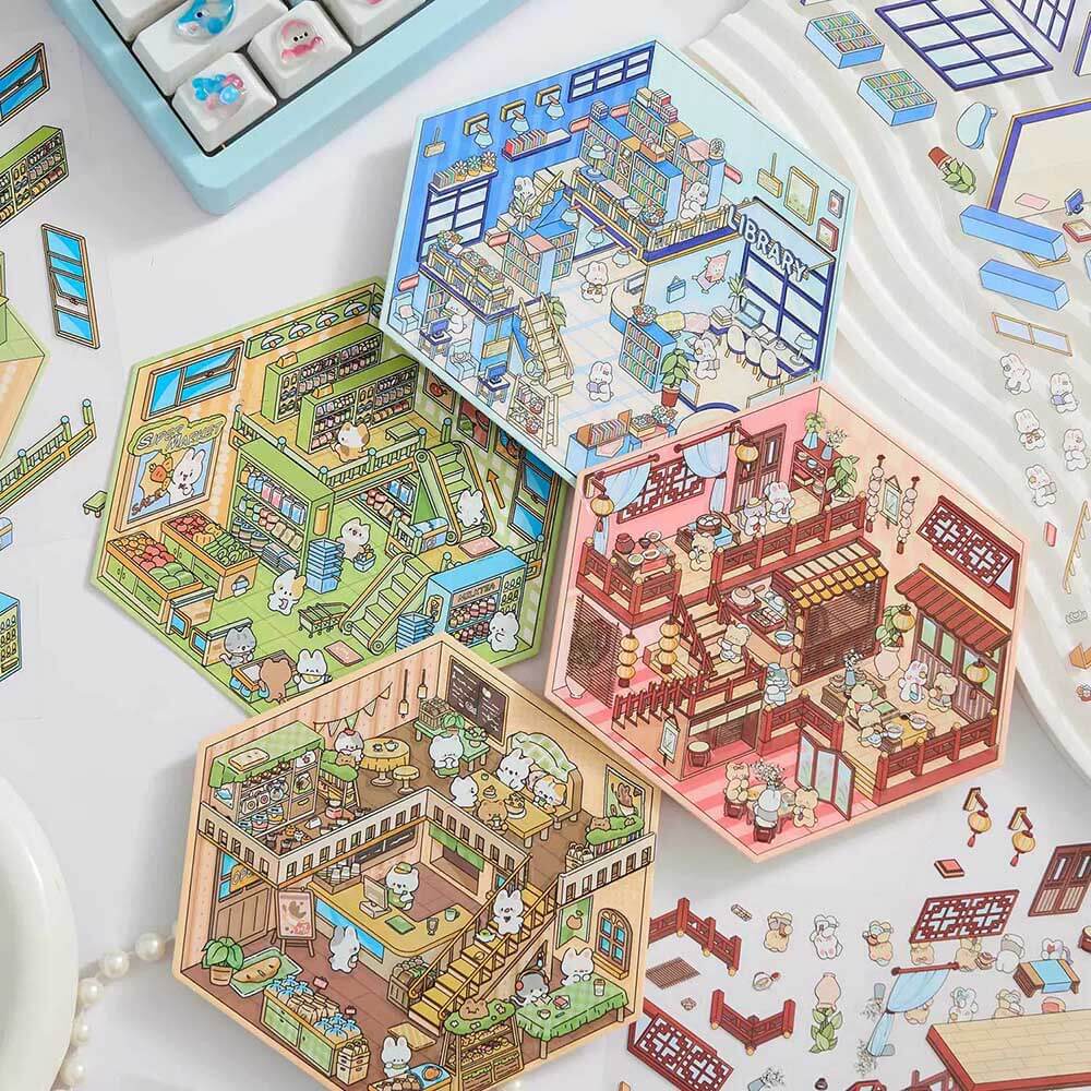 Mini World DIY 3D Scene Stickers - 4 Cute Miniature Scenes