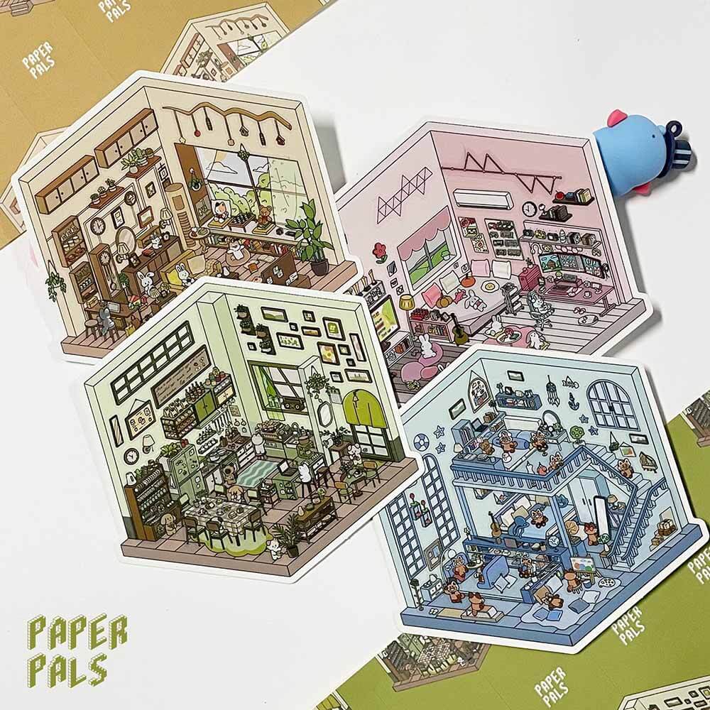 Life Party Series Scene Stickers - 4 Cute Miniature Scenes