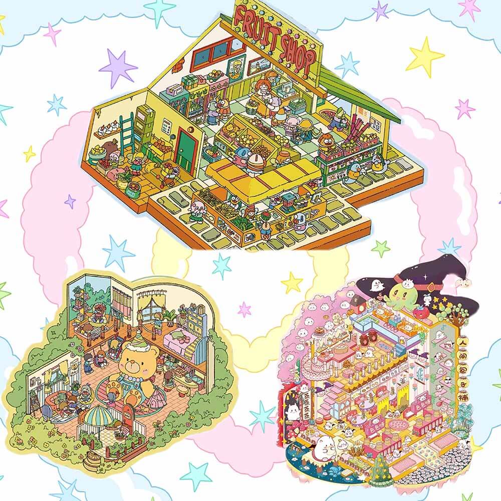 Springtime Bear Cottage DIY 3D Scene Stickers -  Lovely Miniature Scenes