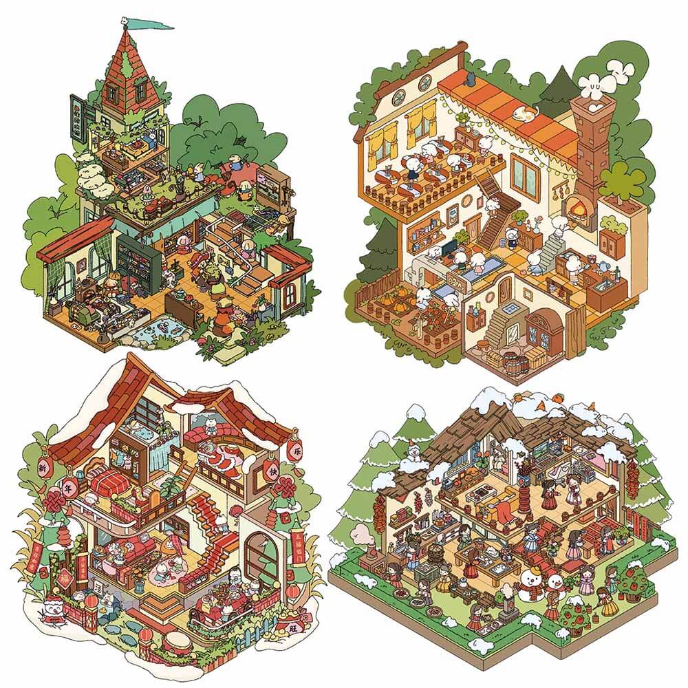 Magic Potion Shop DIY 3D Scene Stickers - 4 Cute Miniature Scenes