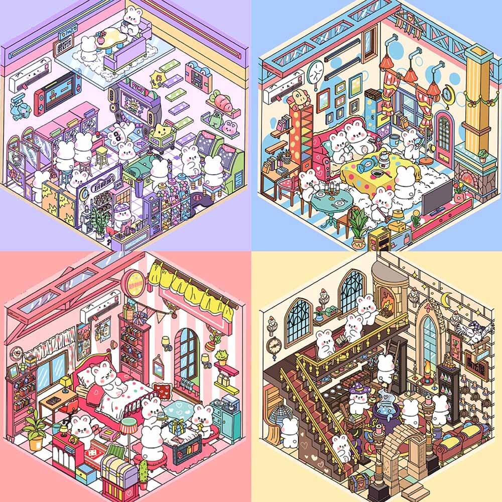 Blush Bunny Home DIY 3D Scene Stickers - 4 Cute Miniature Scenes